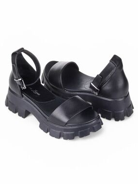 Anna Lucci Black Leather Platform Chunky Sandals with Ankle Strap Size 39 - 9.5